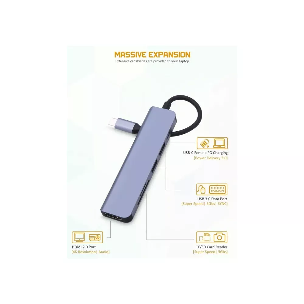 ADAPTATEUR 6 EN 1 TYPE C VERS PD/USB*2/SD/TF/HDMI
